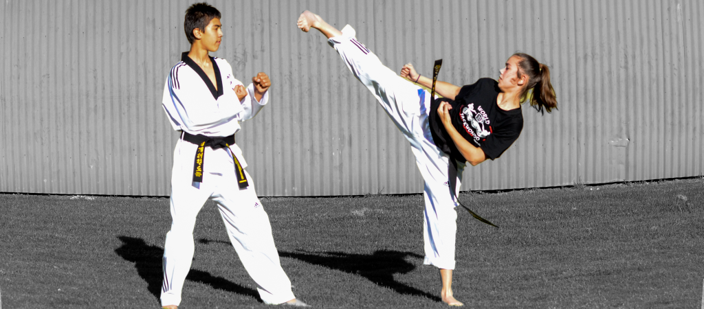 This is a photograph depicting two World Taekwondo black belt students practicing Taekwondo on a grassy field. The background consists of a plain, vertical, corrugated metal wall in shades of grey, which contrasts with the green grass. The person on the left is a young man (Rhys Barlass)with short, dark hair, wearing a traditional World Taekwondo uniform with black trim and a black belt.  His hands are positioned in a defensive stance. The person on the right is a young woman (Zahra Court) with light brown hair tied back in a ponytail, also wearing a World Taekwondo uniform with black trim and a black belt. She is performing a high kick with her right leg extended and her left leg bent. Zahra's facial expression is focused and determined, while Rhys's  expression is more relaxed and focused. The lighting is bright, indicating an outdoor setting with clear skies. The overall scene conveys a sense of discipline, focus, and athleticism.